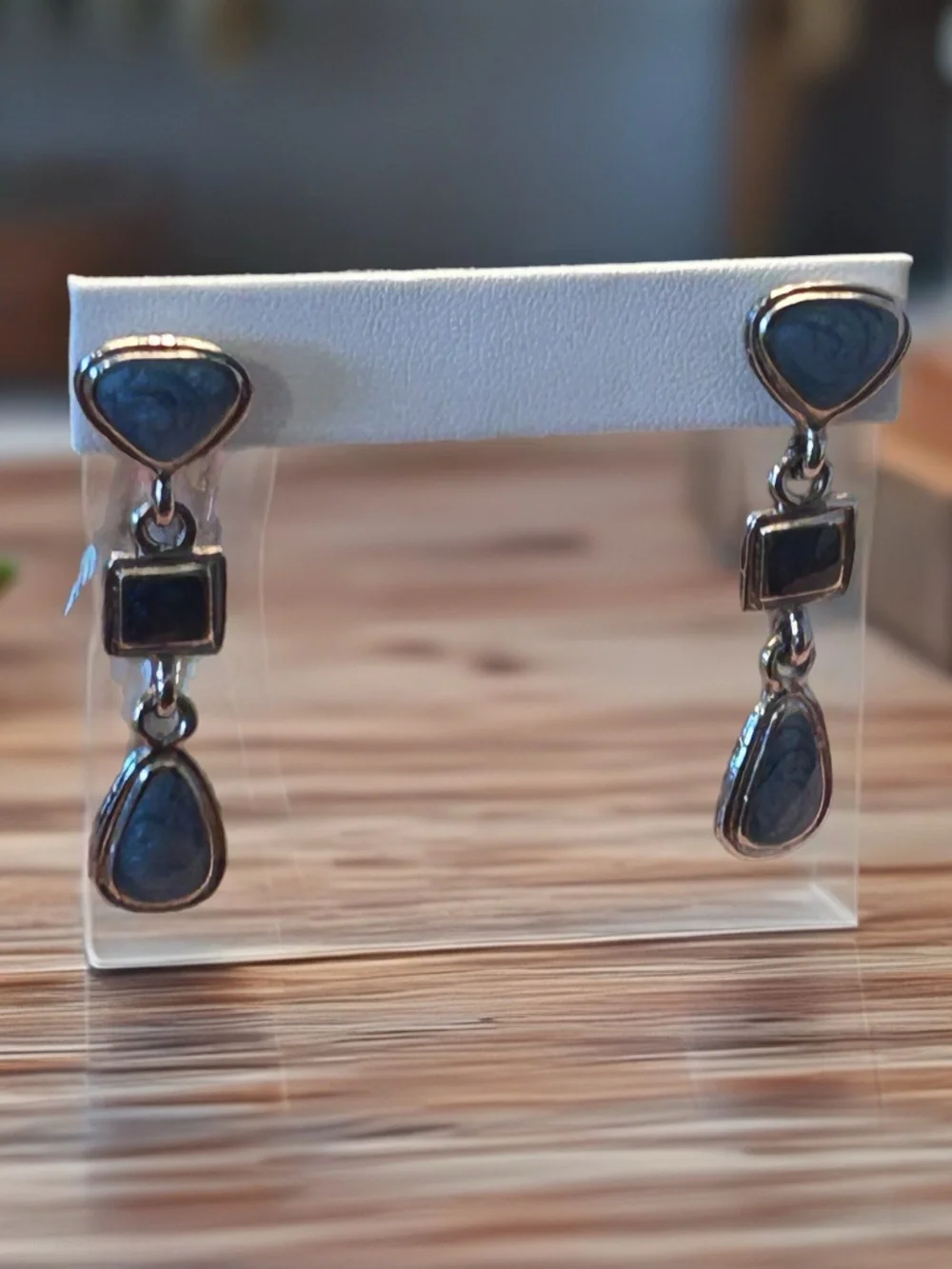 Delicate Blue and Gray Silver Tone Pierced Dangle Earrings